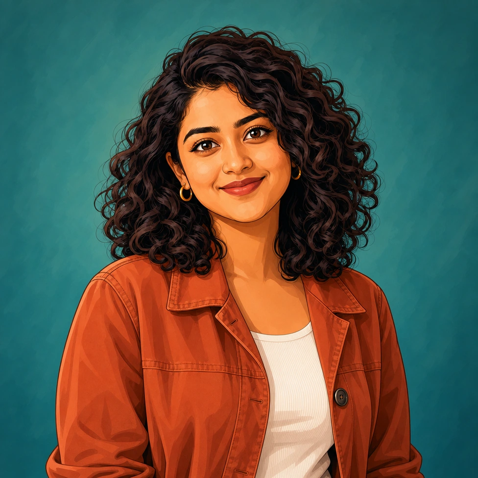Curly-haired woman in a terracotta jacket in Bold Vector style