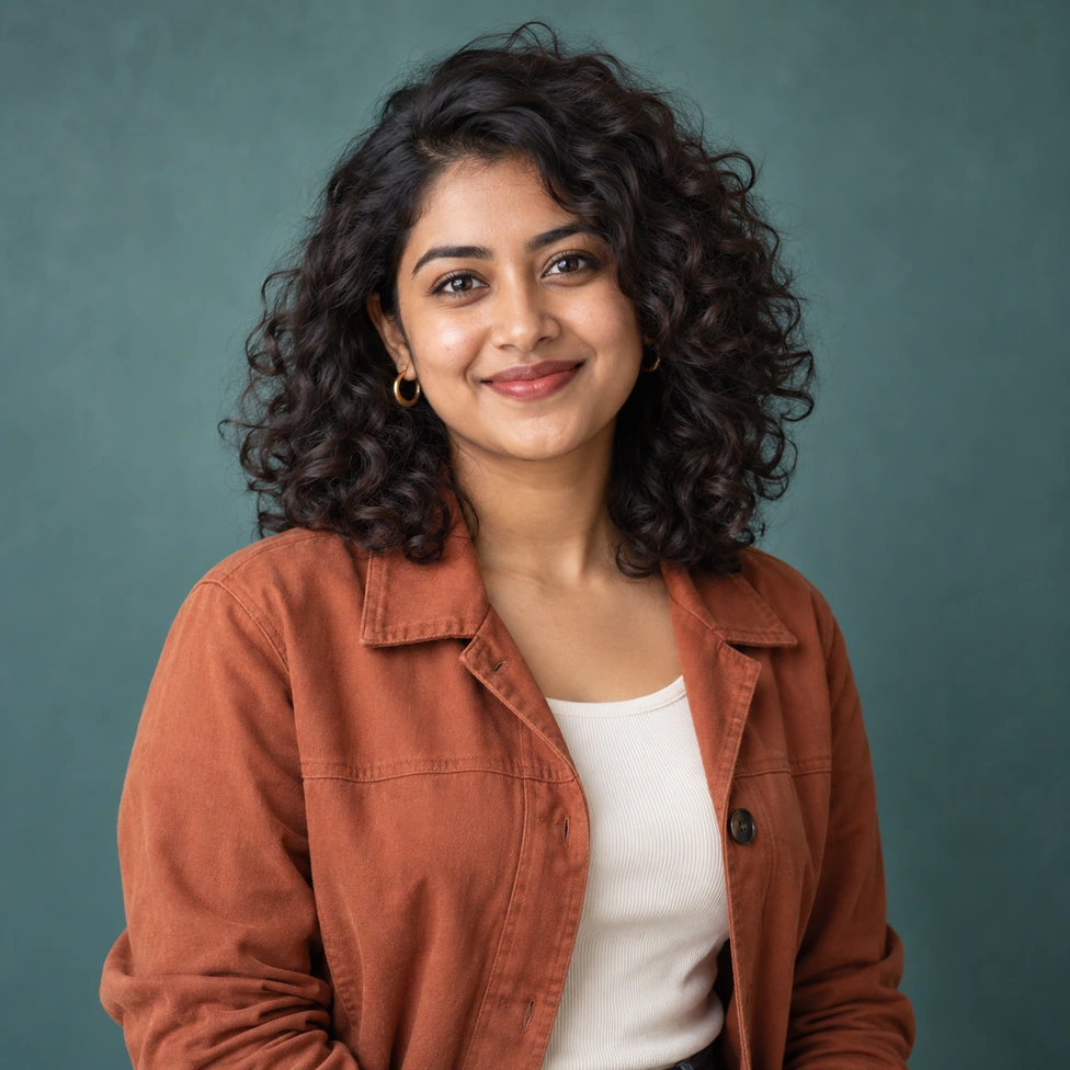 Curly-haired woman in a terracotta jacket