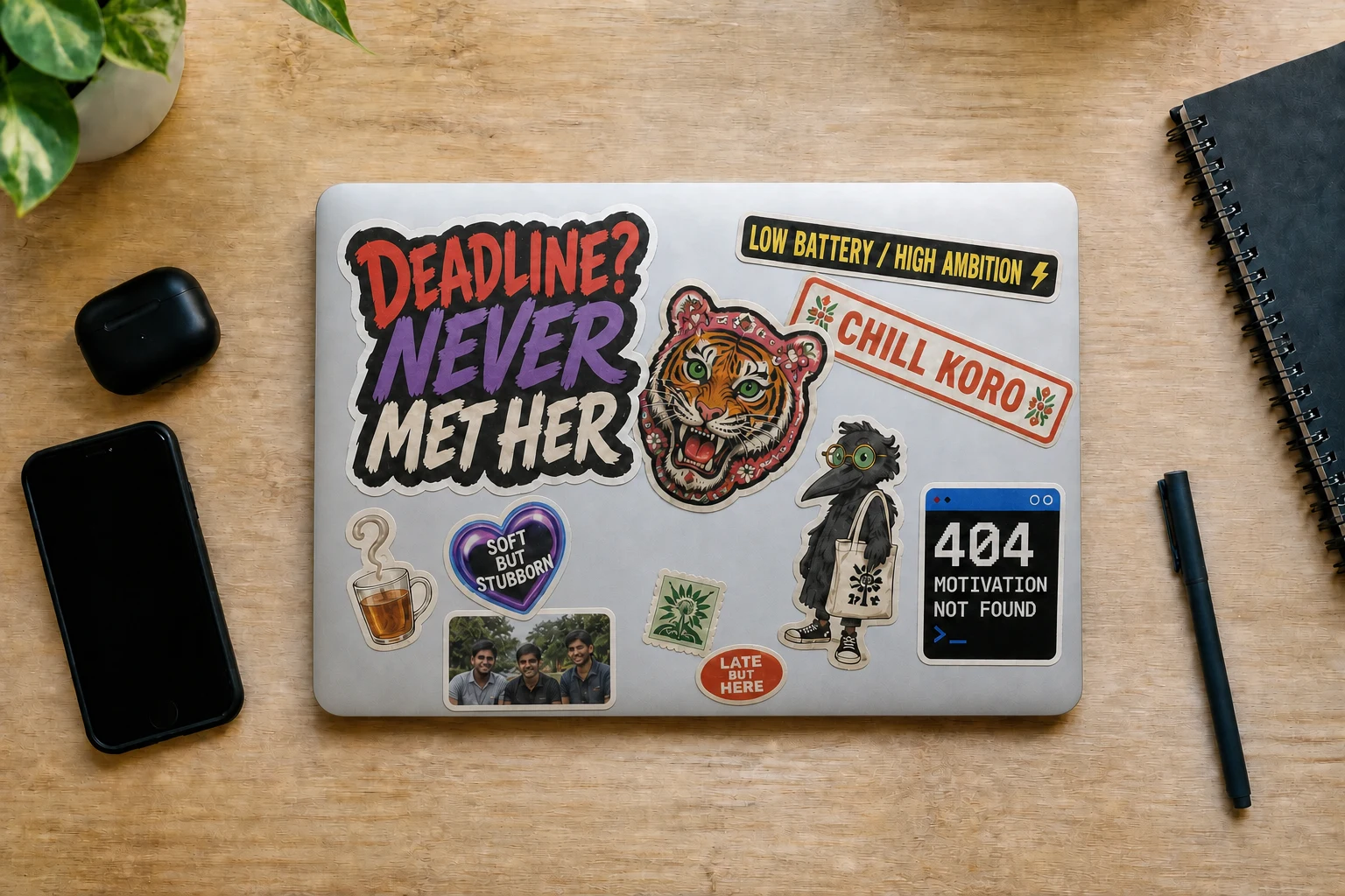 Laptop decorated with custom die-cut stickers.