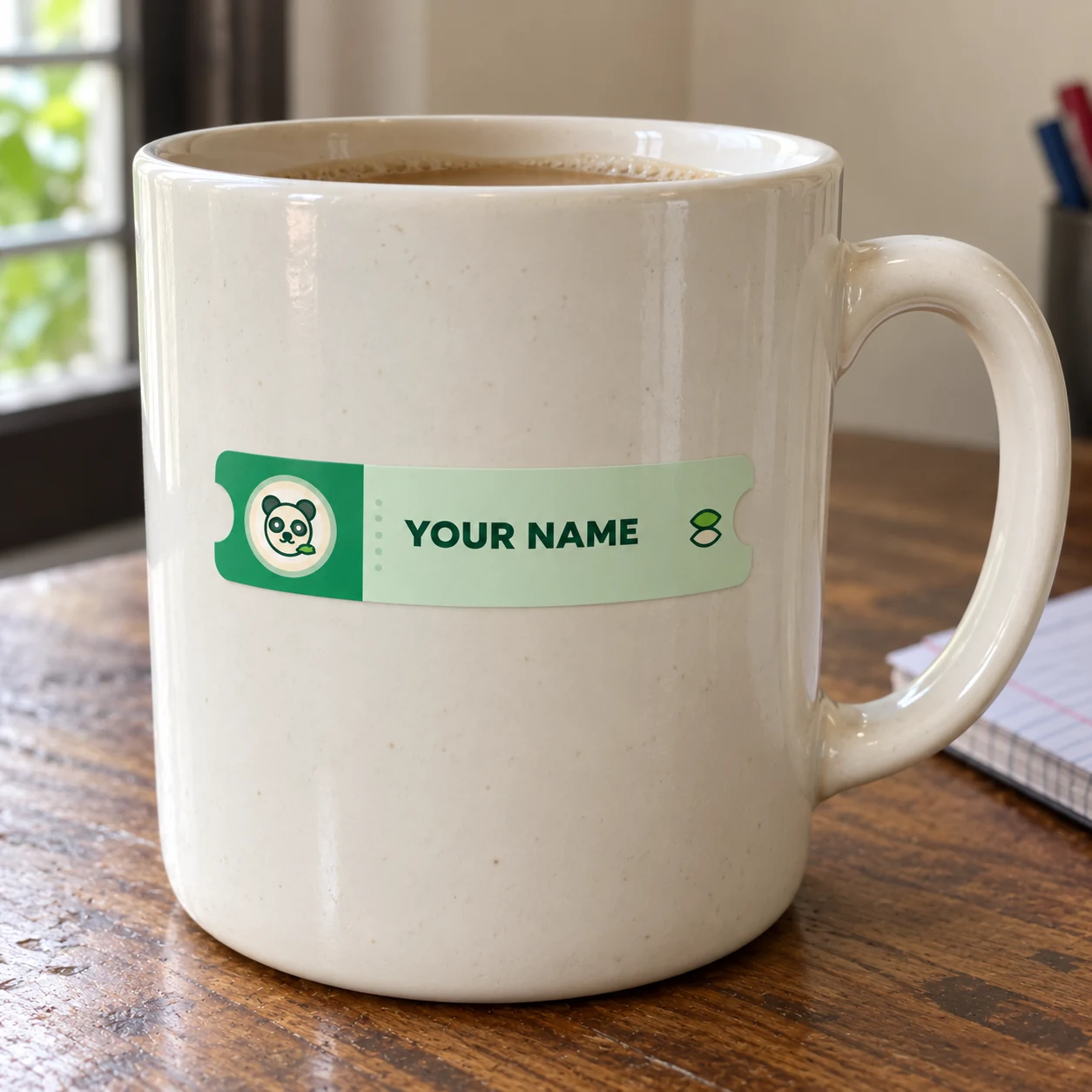 Green panda name tag sticker reading YOUR NAME on an ivory ceramic cup