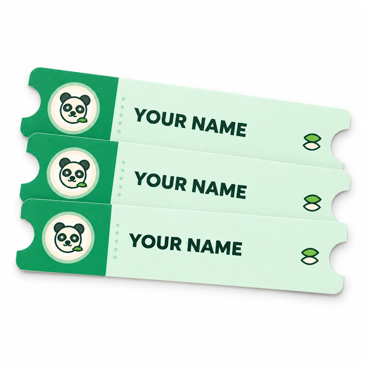 Three green panda name tag stickers stacked on white, each reading YOUR NAME
