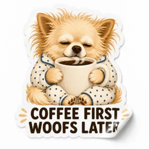 Chihuahua Coffee Sticker — Coffee First, Woofs Later design on a white background with a lifted corner
