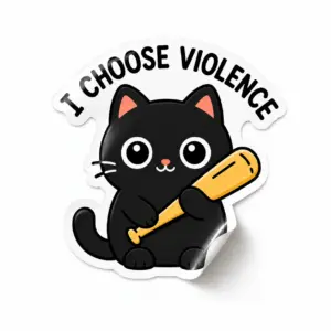 I Choose Violence Cat Sticker — Bat Attitude design on a white background with a lifted corner