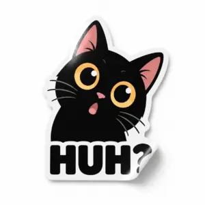 Huh? Cat Sticker — Midnight Huh? design on a white background with a lifted corner