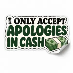 I Only Accept Apologies in Cash Sticker — Stack It Up design on a white background with a lifted corner