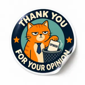 Thank You for Your Opinion Sticker — Bin It design on a white background with a lifted corner