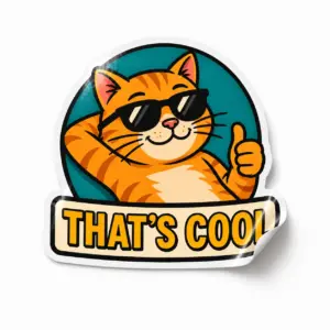That’s Cool Sticker — Cool Cat design on a white background with a lifted corner