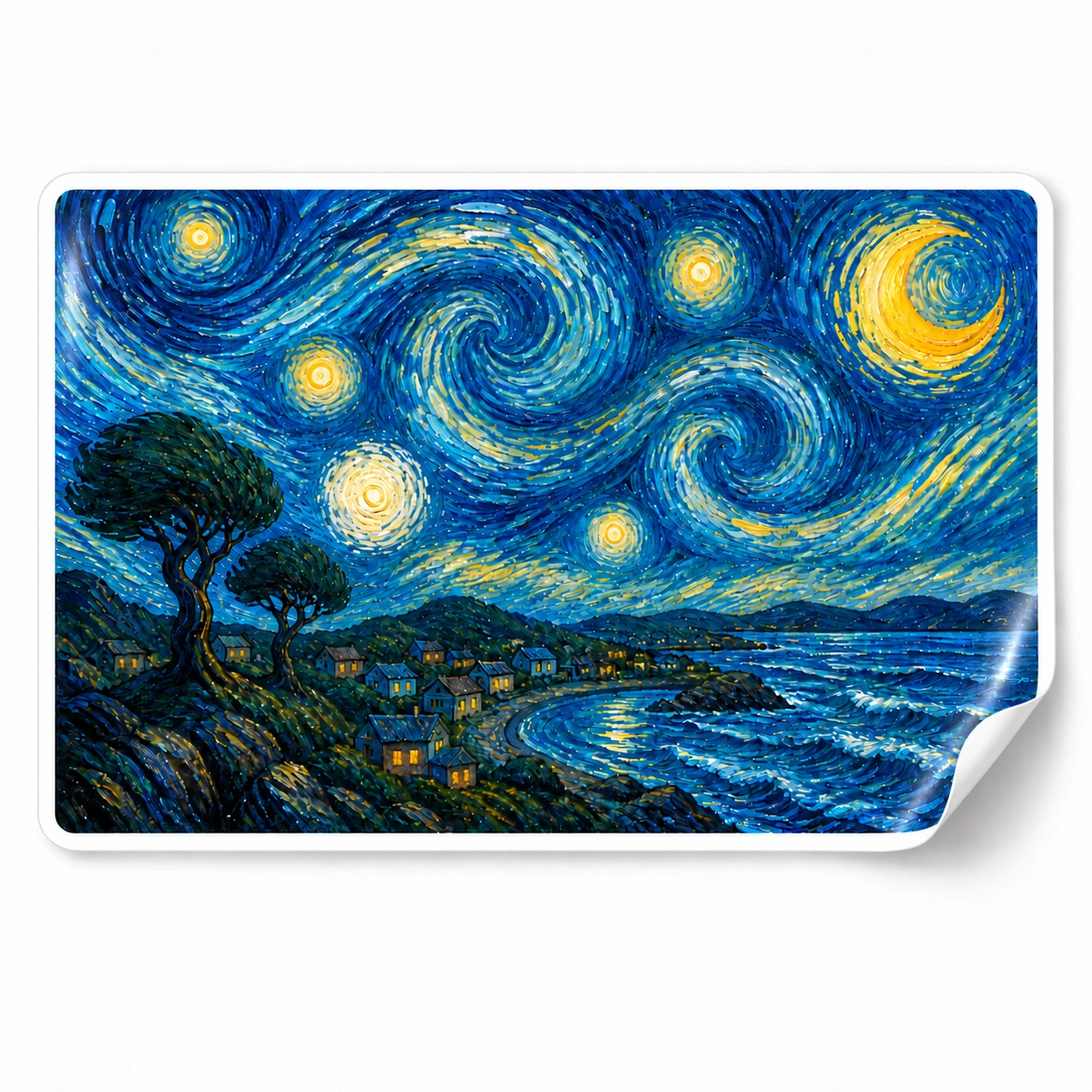 Starry Night Sticker — Landscape design on a white background with a lifted corner