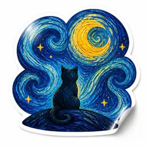 Starry Night Sticker — Moon Cat design on a white background with a lifted corner