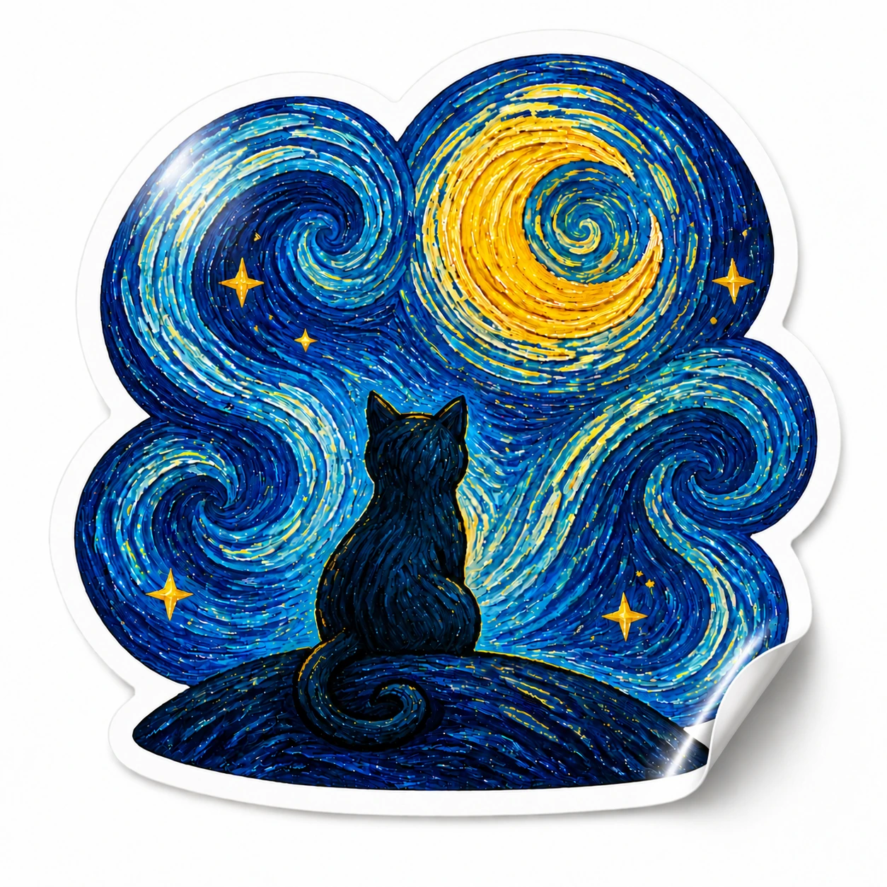 Starry Night Sticker — Moon Cat design on a white background with a lifted corner