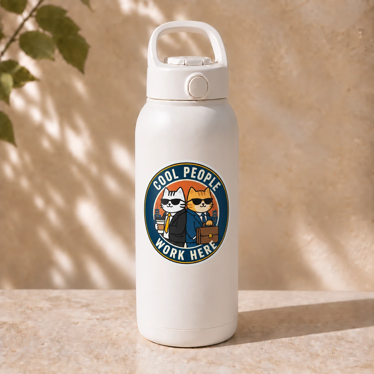 Cool People Work Here Sticker, Round Badge design shown on a bottle