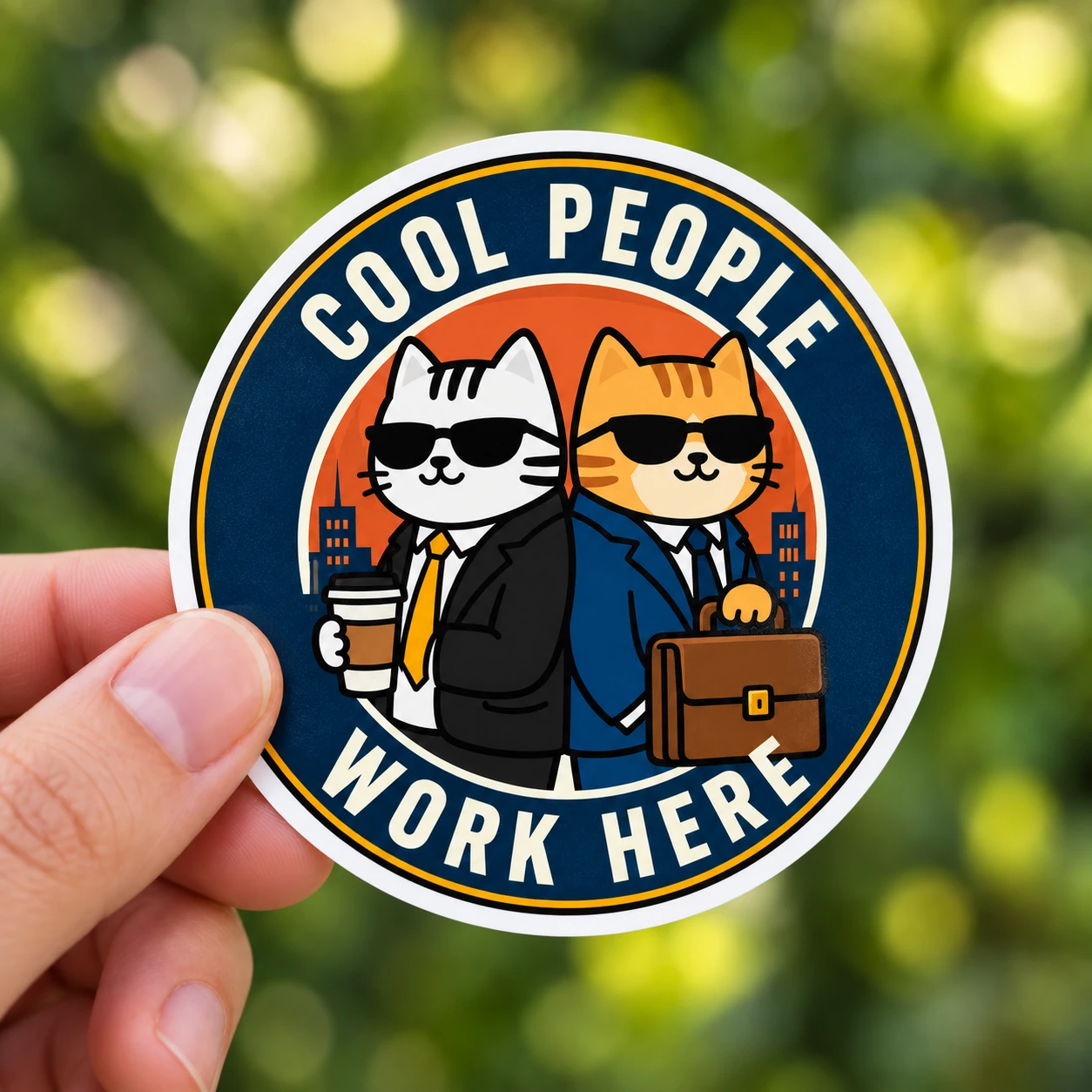 Cool People Work Here Sticker, Round Badge design shown held in a hand