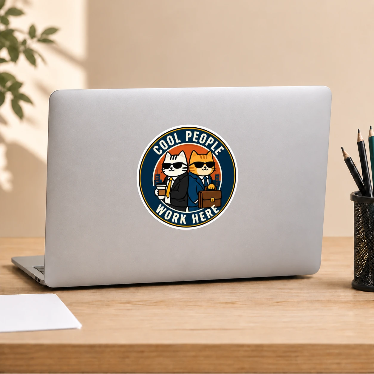 Cool People Work Here Sticker, Round Badge design shown on a laptop lid