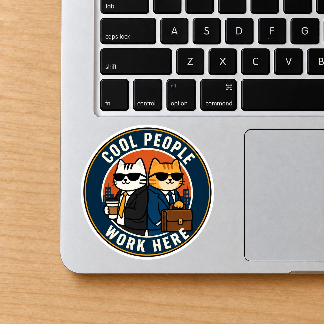 Cool People Work Here Sticker, Round Badge design shown on a laptop palm rest