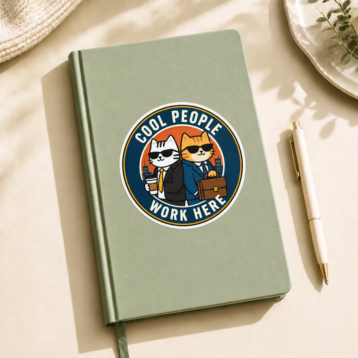 Cool People Work Here Sticker, Round Badge design shown on a notebook