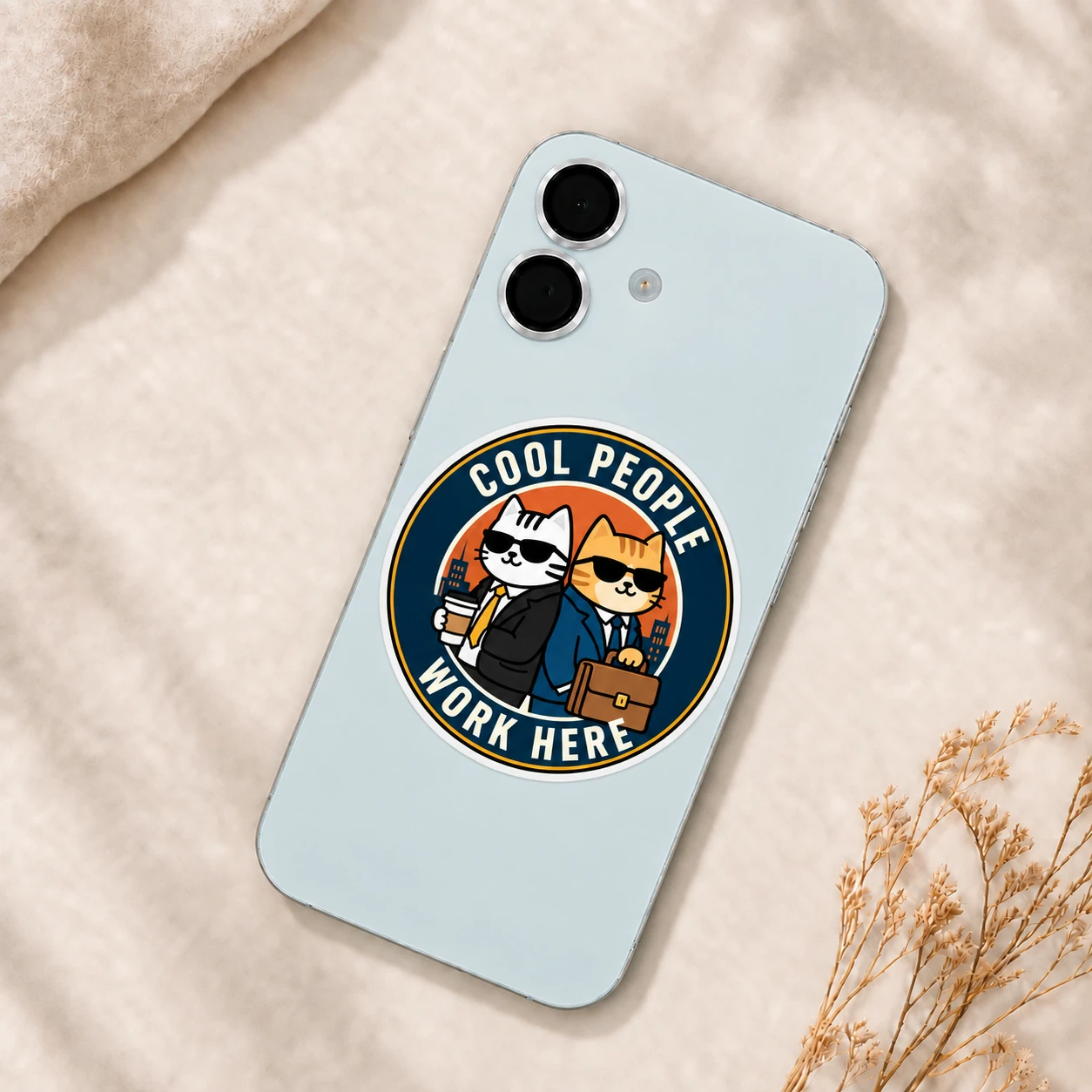 Cool People Work Here Sticker, Round Badge design shown on a phone