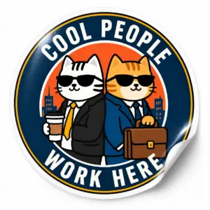 Cool People Work Here Sticker — Round Badge design on a white background with a lifted corner
