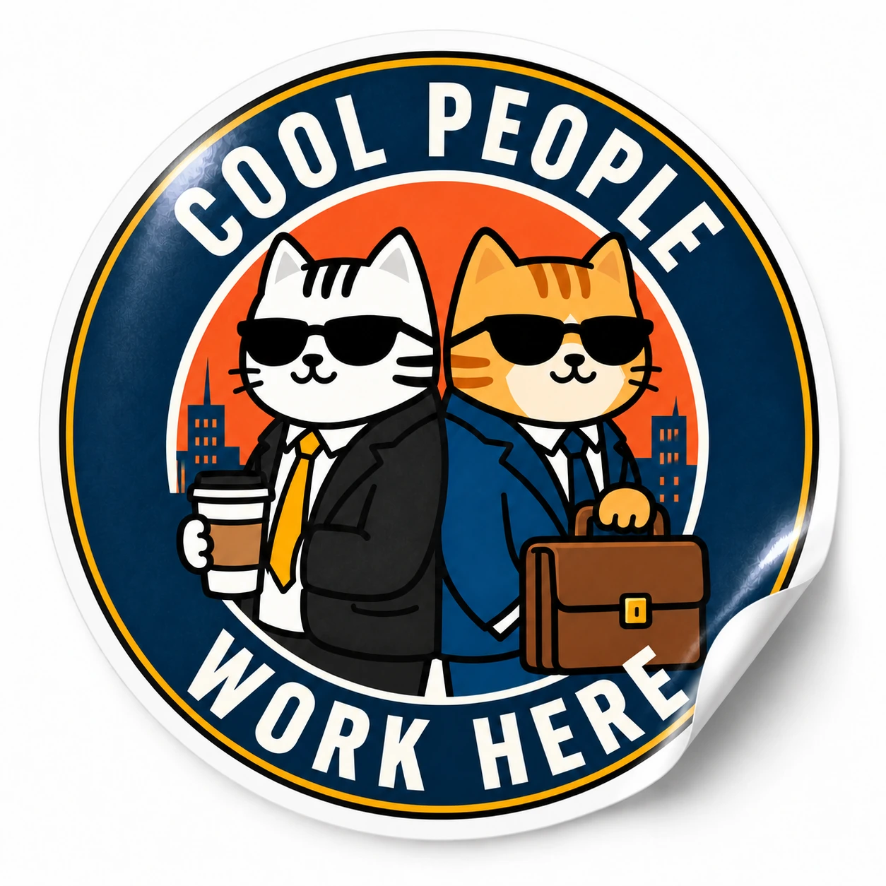 Cool People Work Here Sticker — Round Badge design on a white background with a lifted corner
