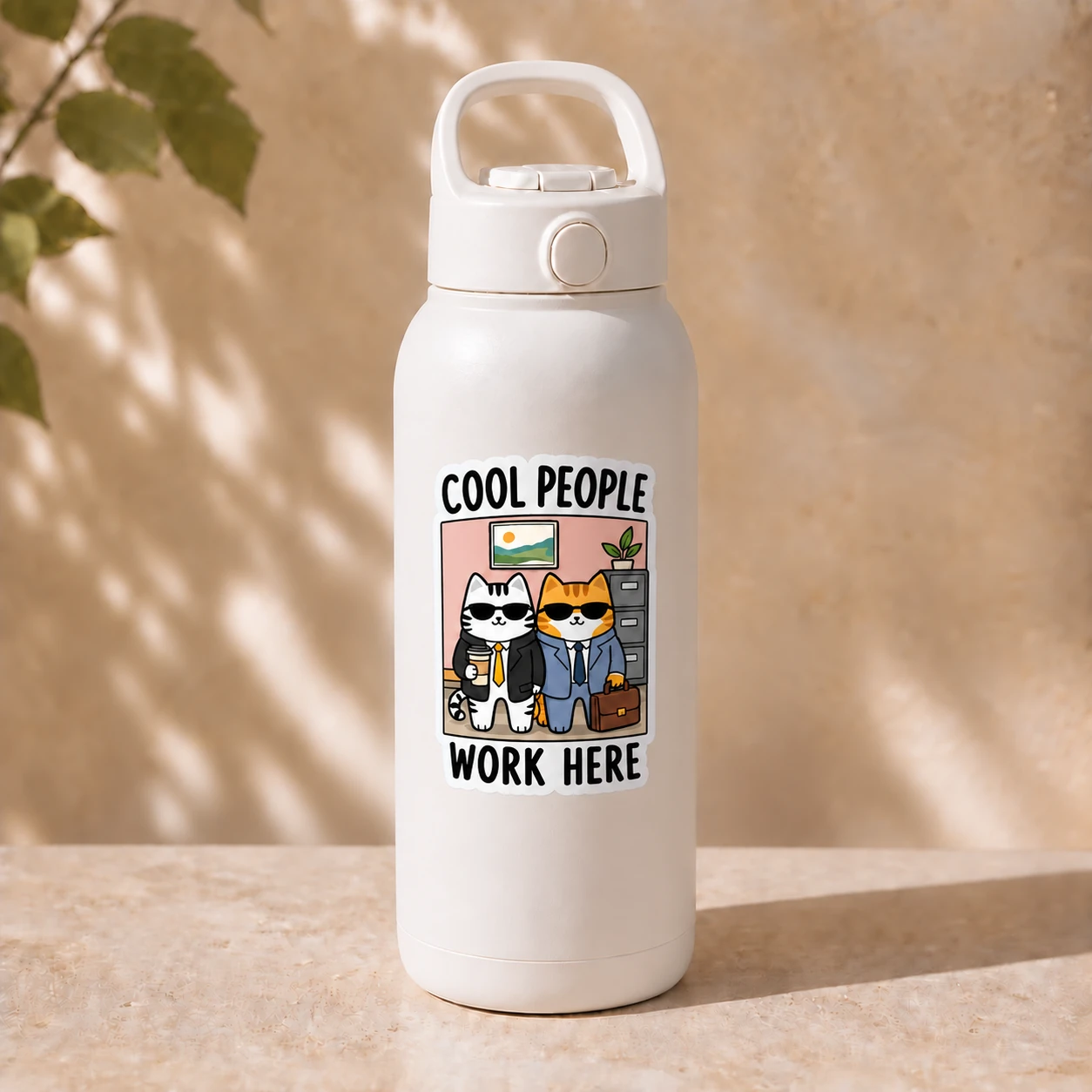 Cool People Work Here Sticker, Office Crew design shown on a bottle