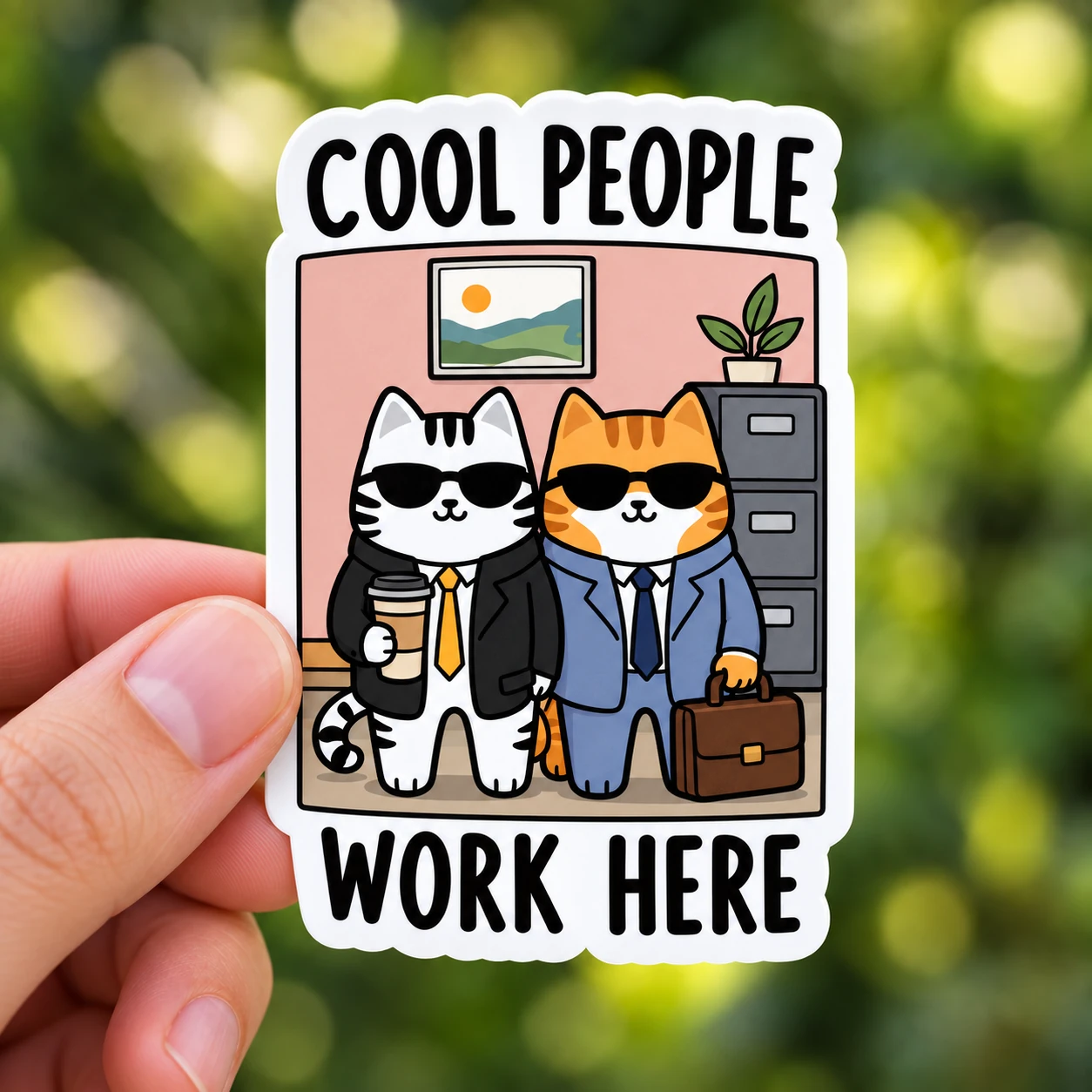 Cool People Work Here Sticker, Office Crew design shown held in a hand