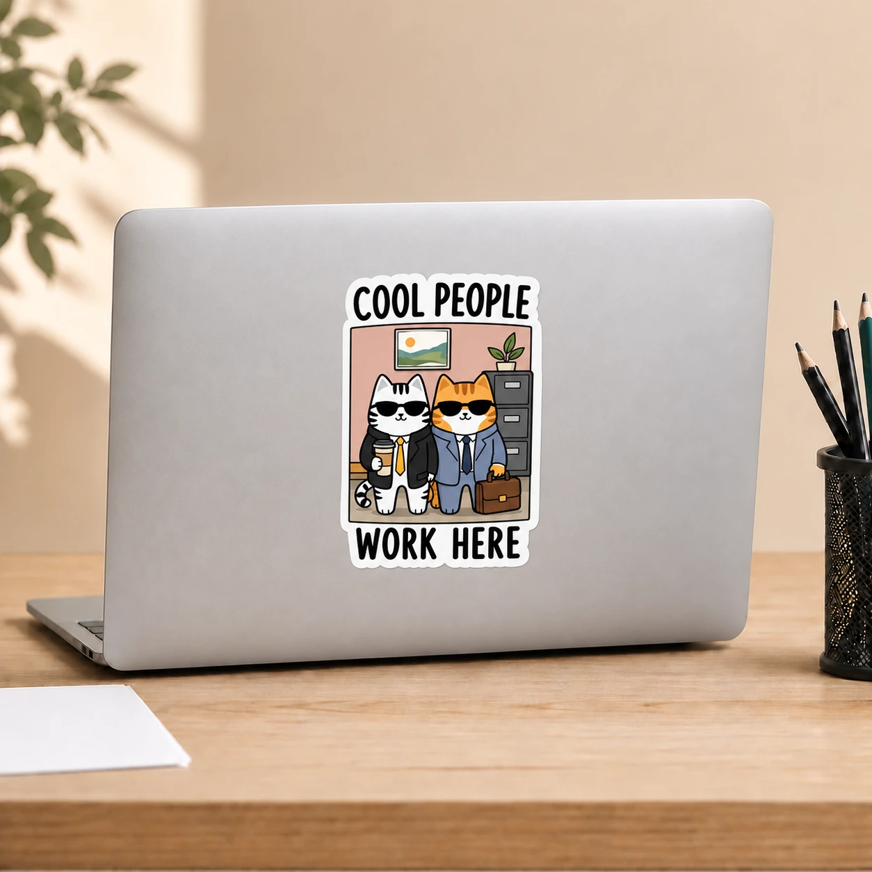 Cool People Work Here Sticker, Office Crew design shown on a laptop lid