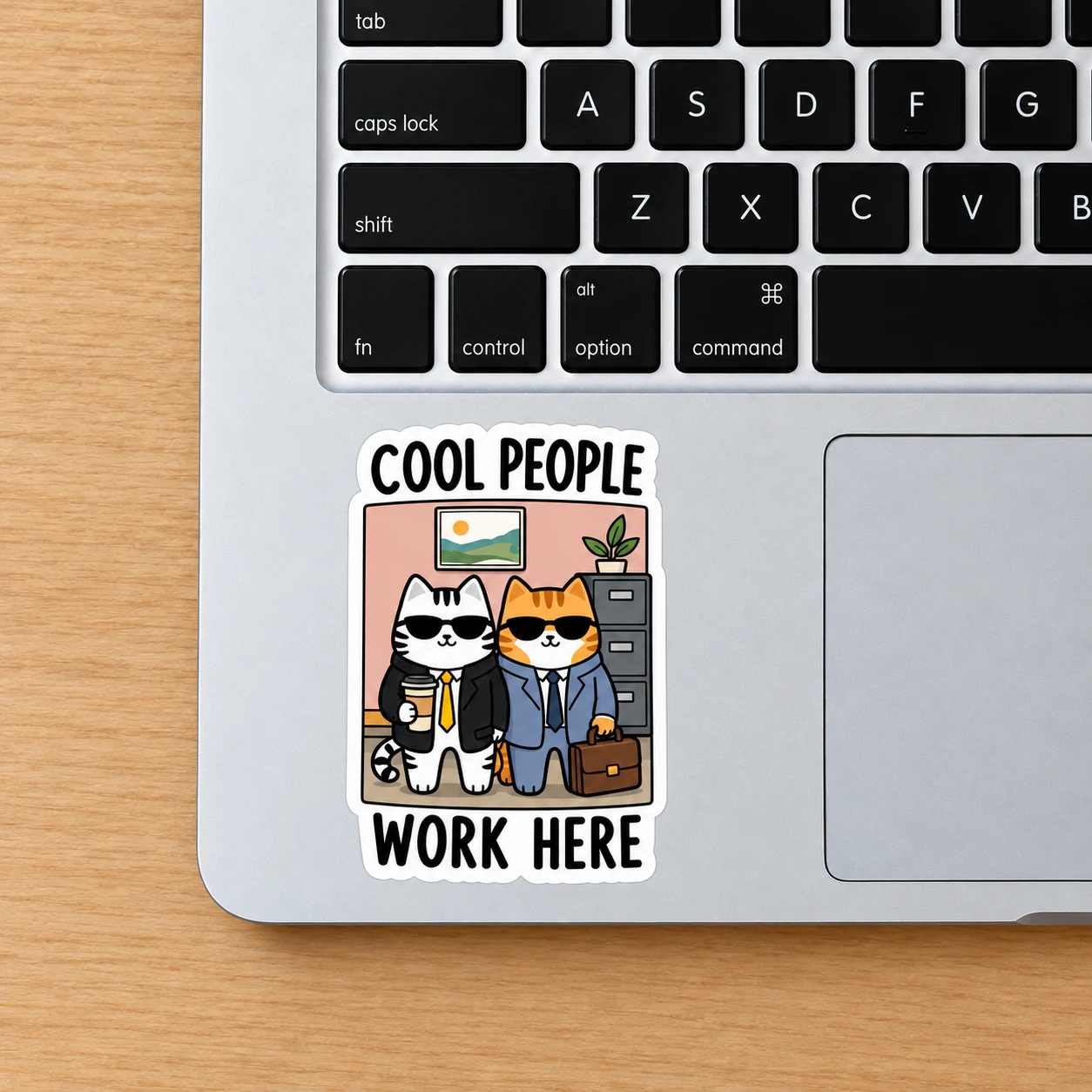 Cool People Work Here Sticker, Office Crew design shown on a laptop palm rest
