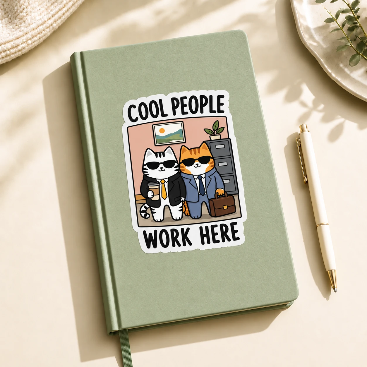 Cool People Work Here Sticker, Office Crew design shown on a notebook
