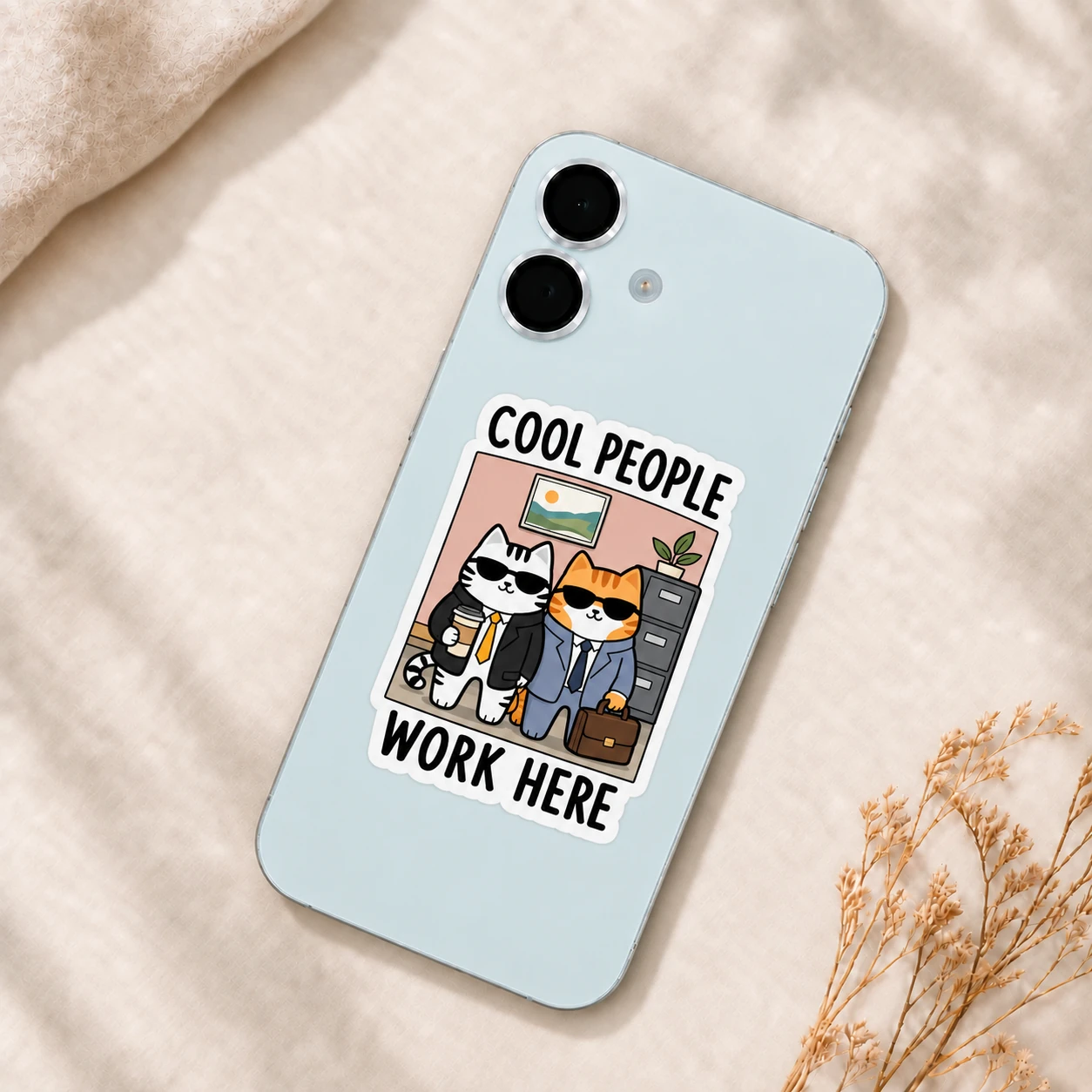 Cool People Work Here Sticker, Office Crew design shown on a phone
