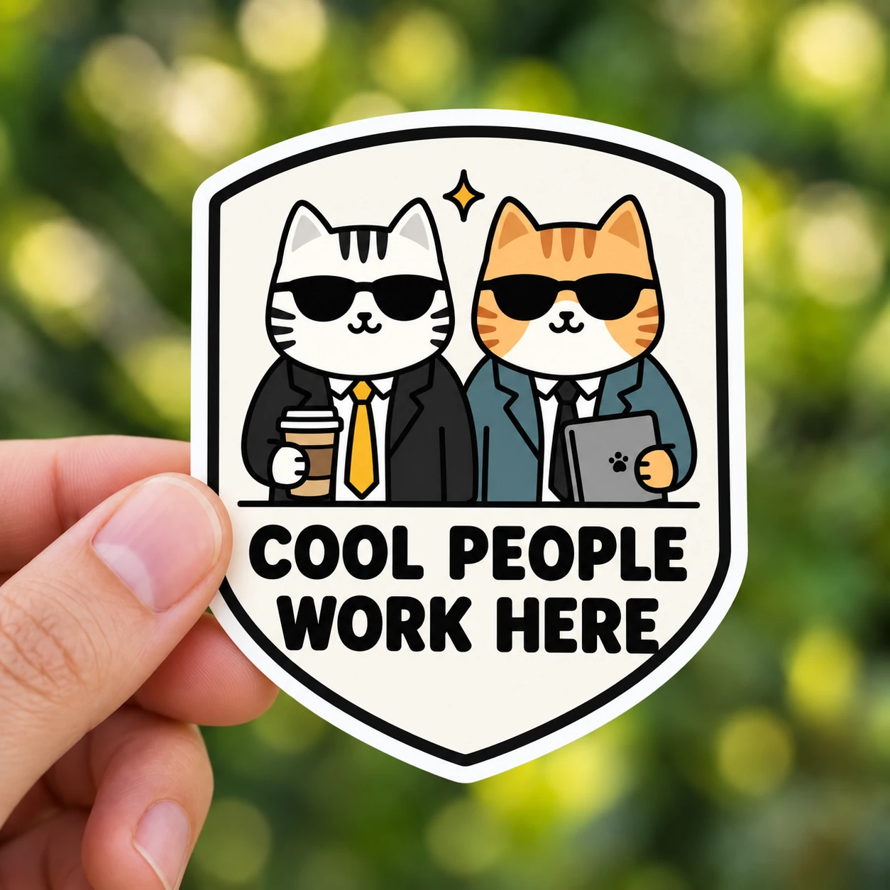 Cool People Work Here Sticker, Desk Duo design shown held in a hand