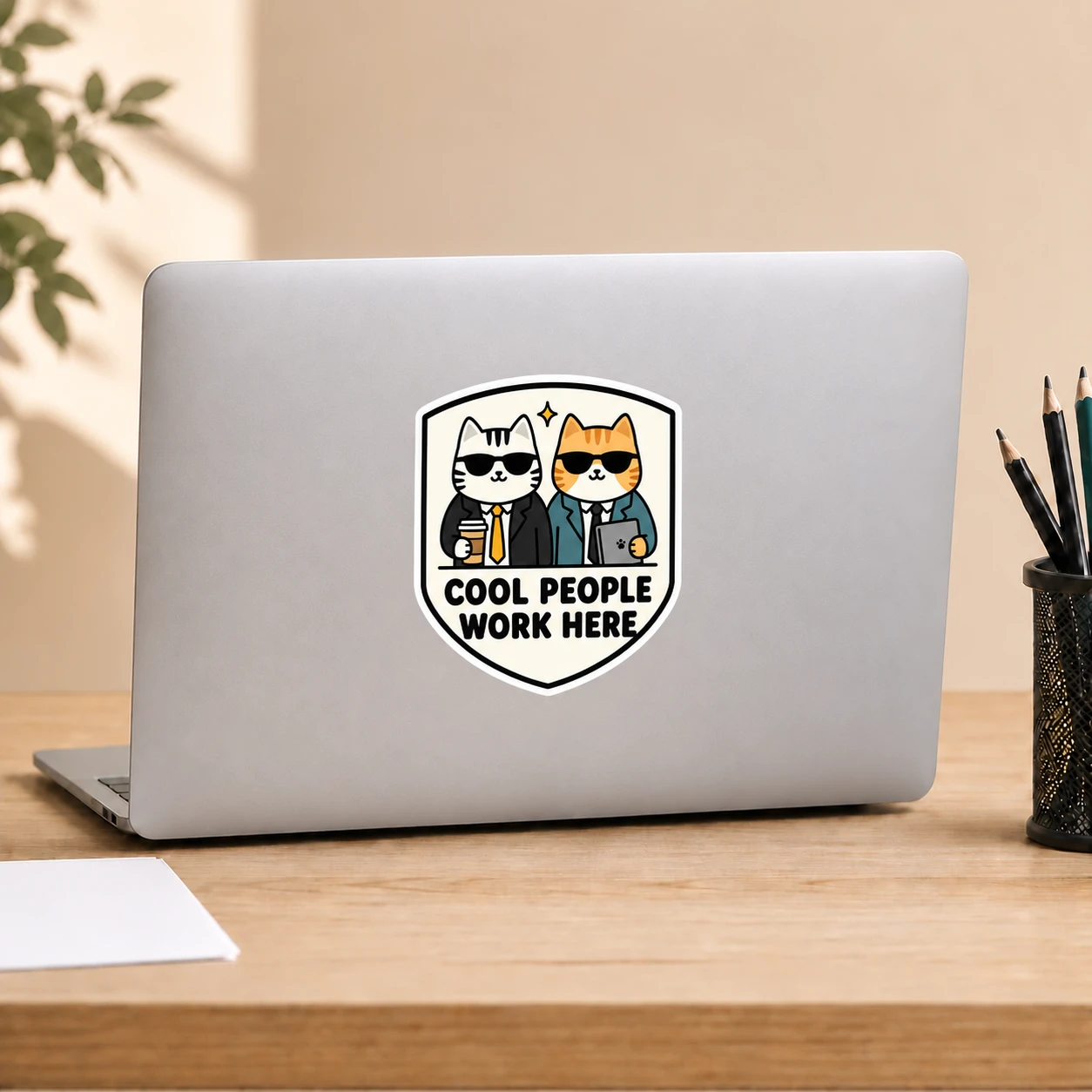 Cool People Work Here Sticker, Desk Duo design shown on a laptop lid