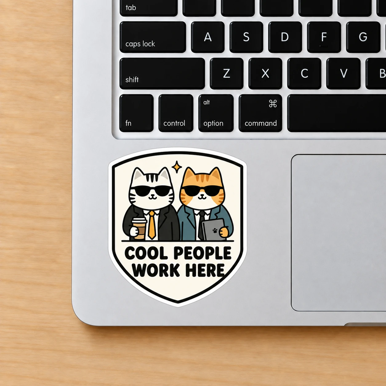 Cool People Work Here Sticker, Desk Duo design shown on a laptop palm rest