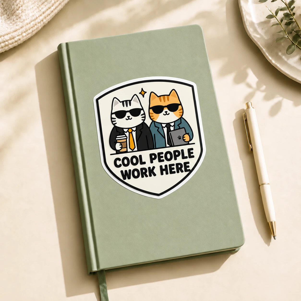 Cool People Work Here Sticker, Desk Duo design shown on a notebook