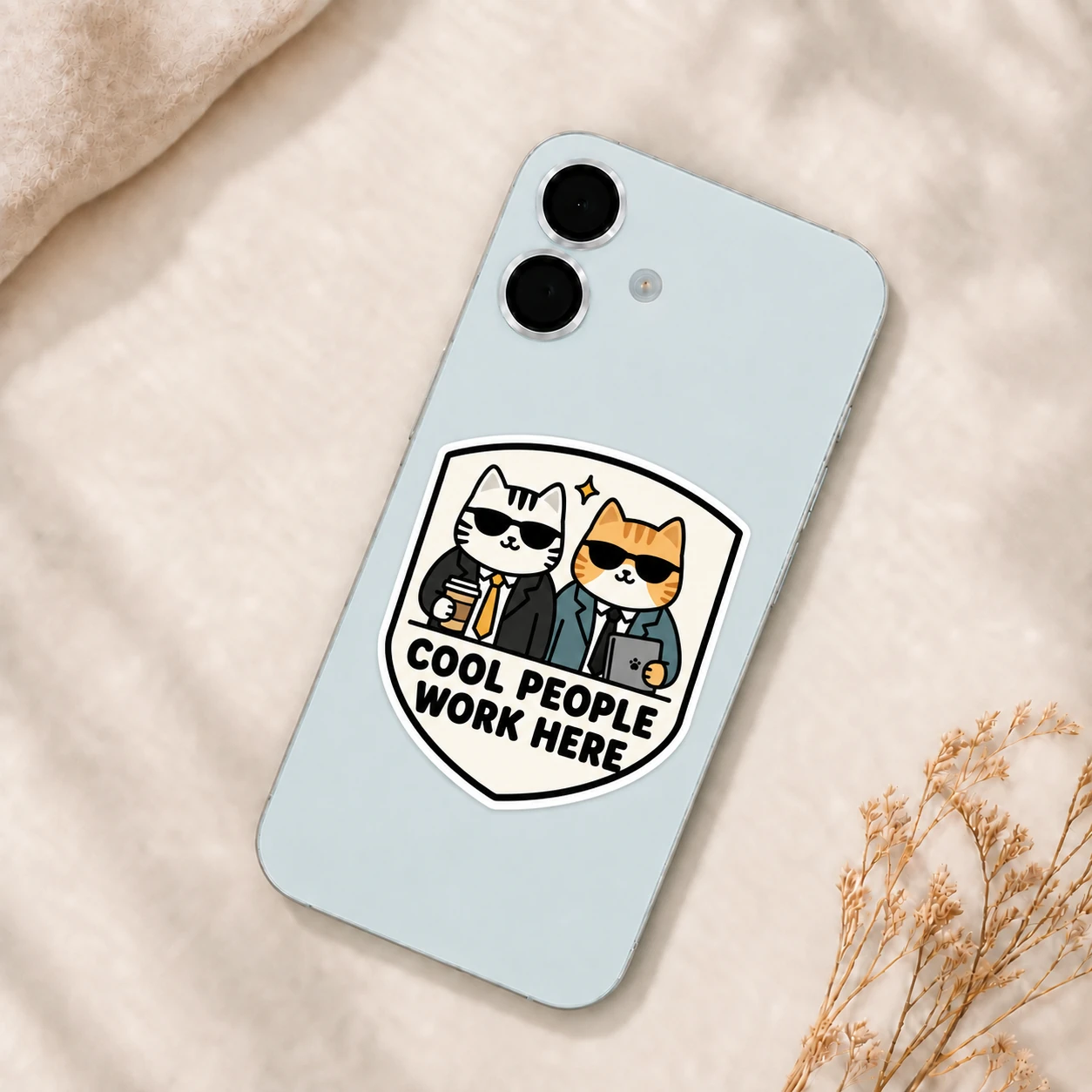 Cool People Work Here Sticker, Desk Duo design shown on a phone