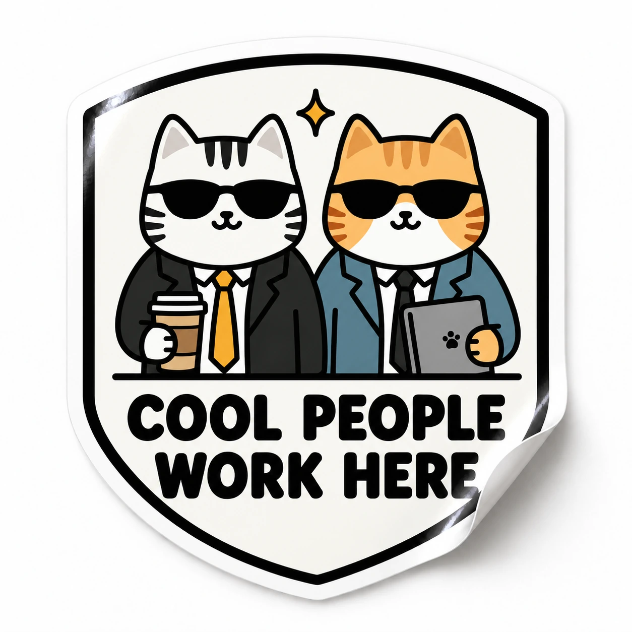 Cool People Work Here Sticker — Desk Duo design on a white background with a lifted corner