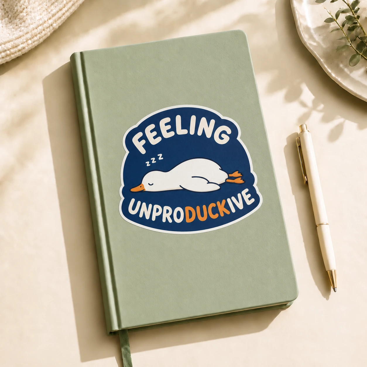 Feeling Unproductive Duck Sticker, Navy Nap design shown on a notebook