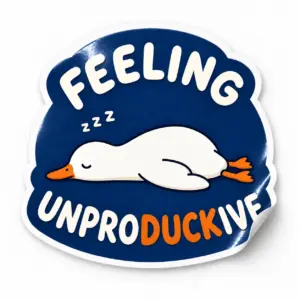 Feeling Unproductive Duck Sticker — Navy Nap design on a white background with a lifted corner