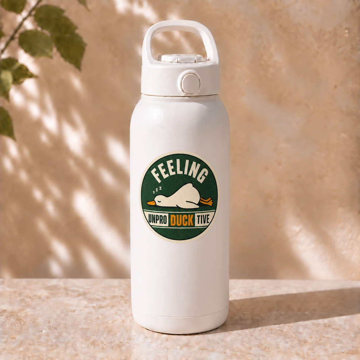 Feeling Unproductive Duck Sticker, Vintage Green design shown on a bottle