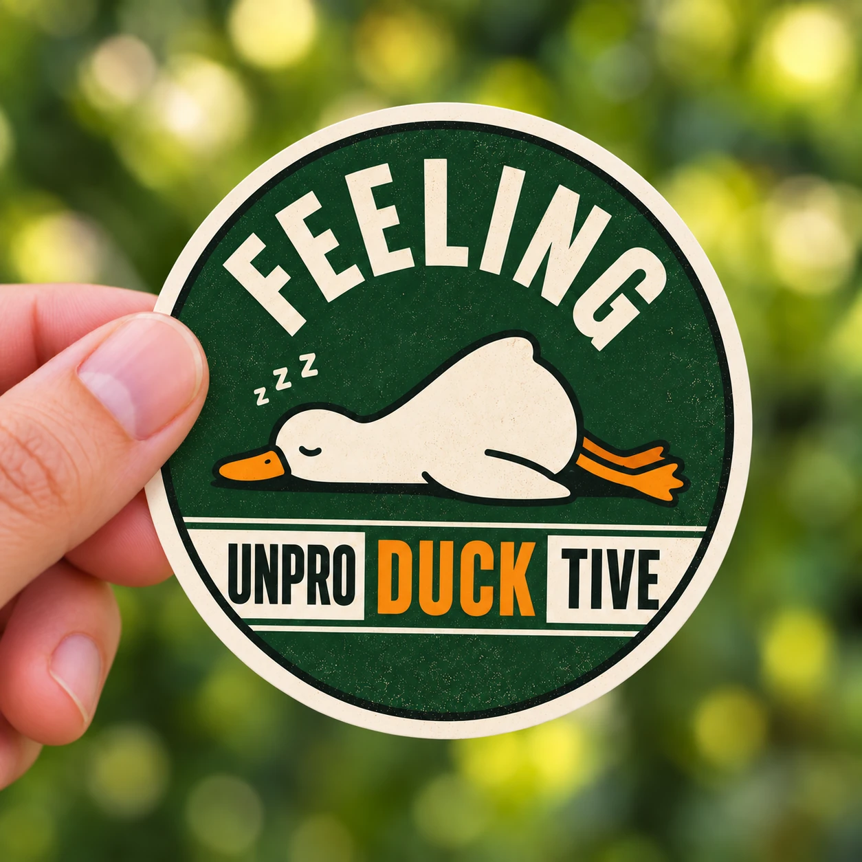 Feeling Unproductive Duck Sticker, Vintage Green design shown held in a hand