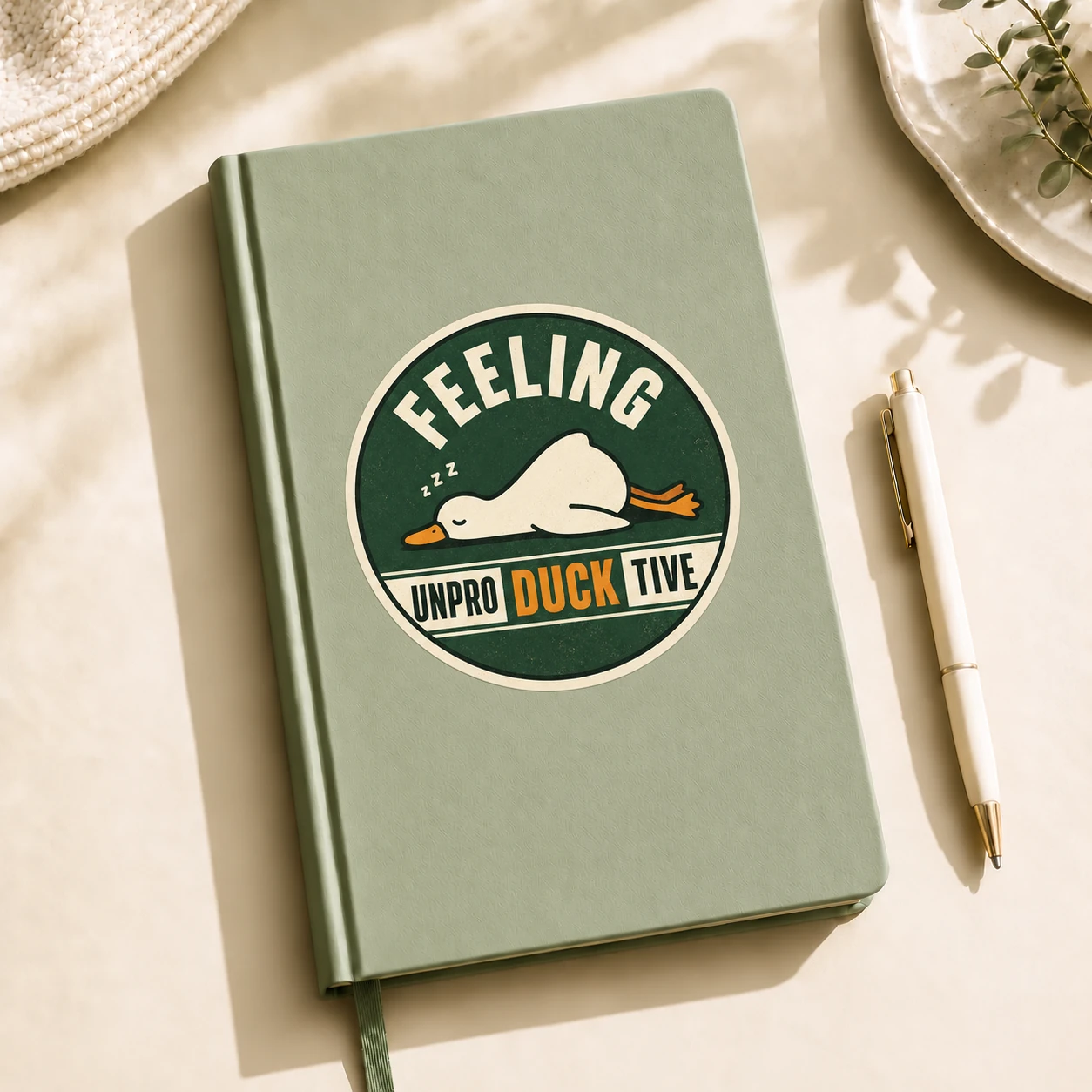 Feeling Unproductive Duck Sticker, Vintage Green design shown on a notebook