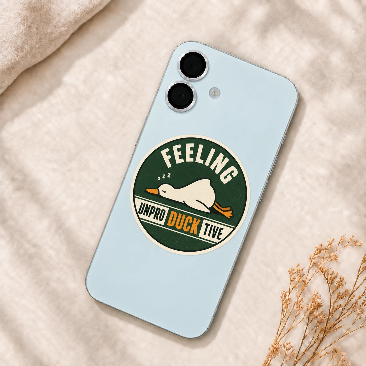 Feeling Unproductive Duck Sticker, Vintage Green design shown on a phone