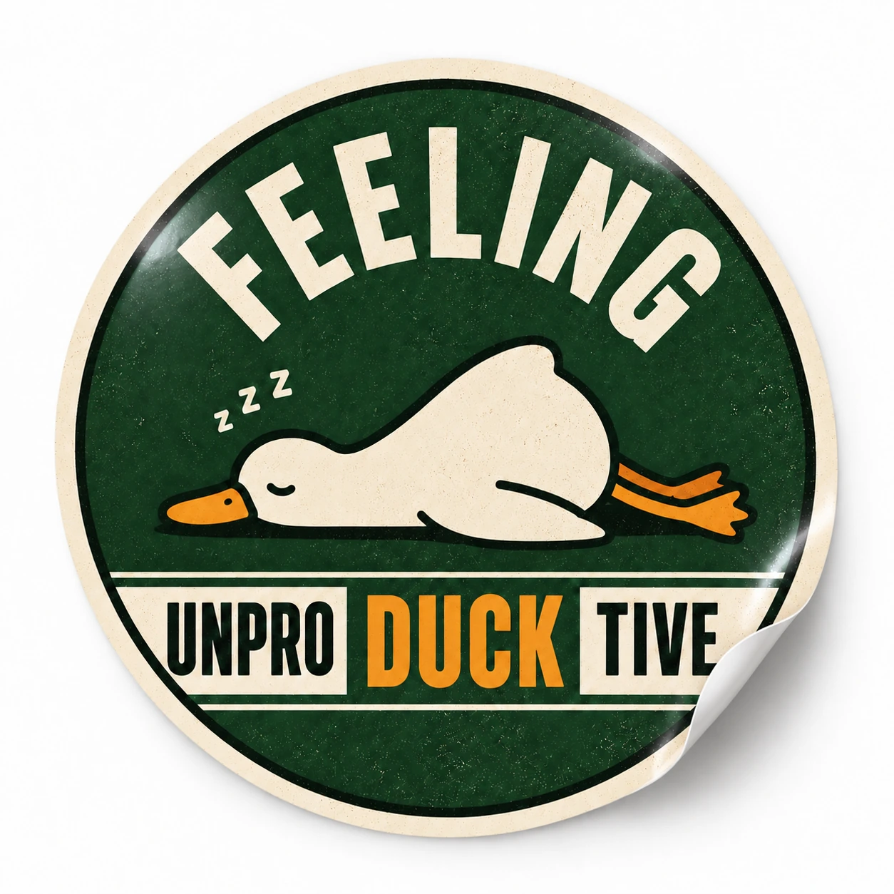 Feeling Unproductive Duck Sticker — Vintage Green design on a white background with a lifted corner