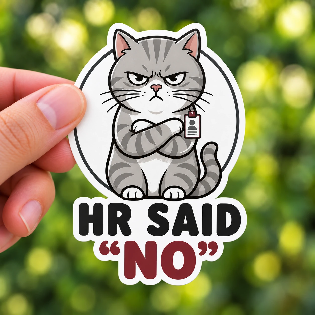 HR Said No Sticker, Badge Boss design shown held in a hand