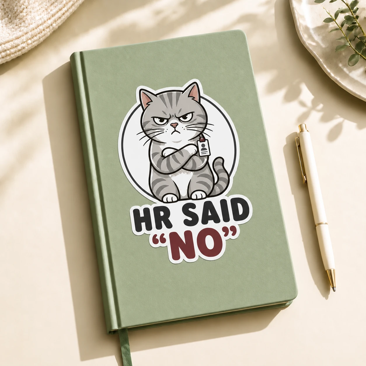 HR Said No Sticker, Badge Boss design shown on a notebook