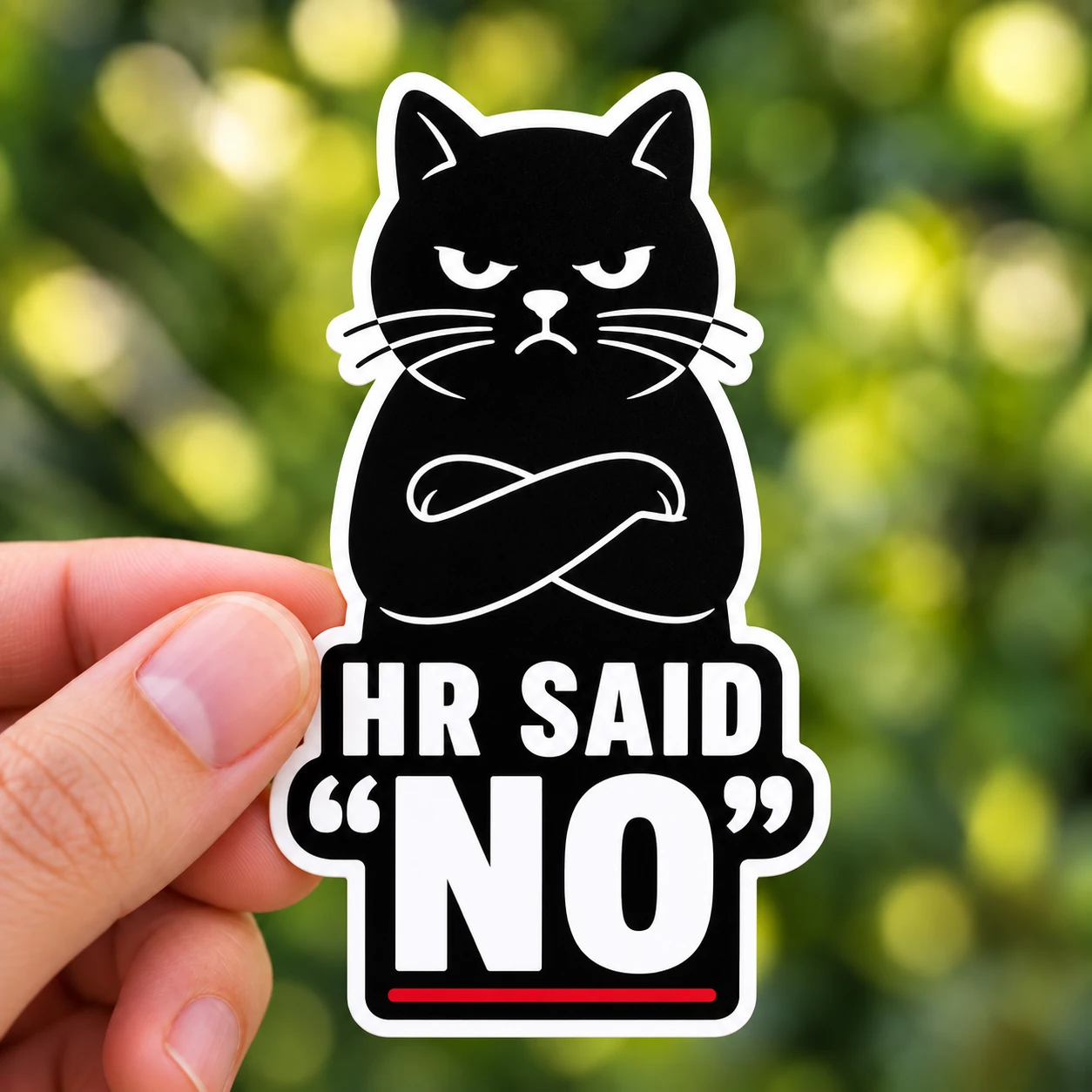 HR Said No Sticker, Black Cat design shown held in a hand