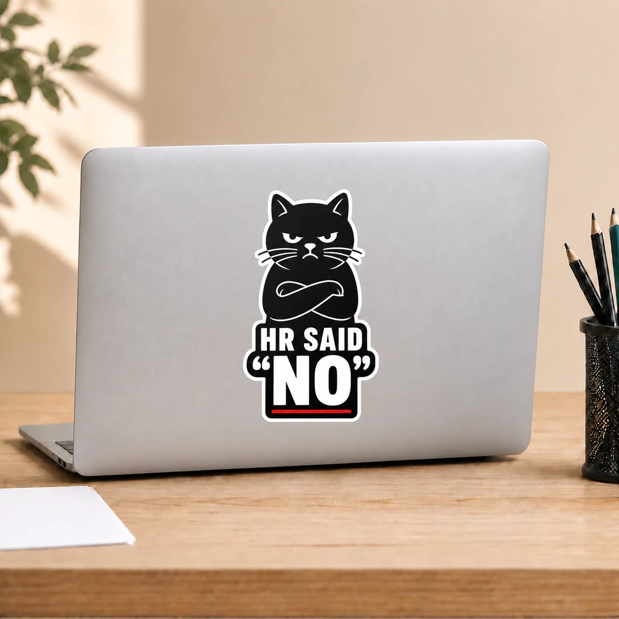 HR Said No Sticker, Black Cat design shown on a laptop lid