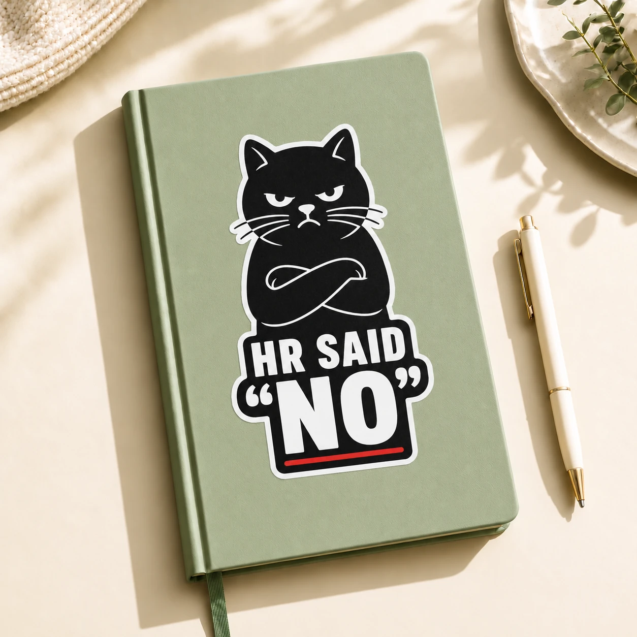 HR Said No Sticker, Black Cat design shown on a notebook