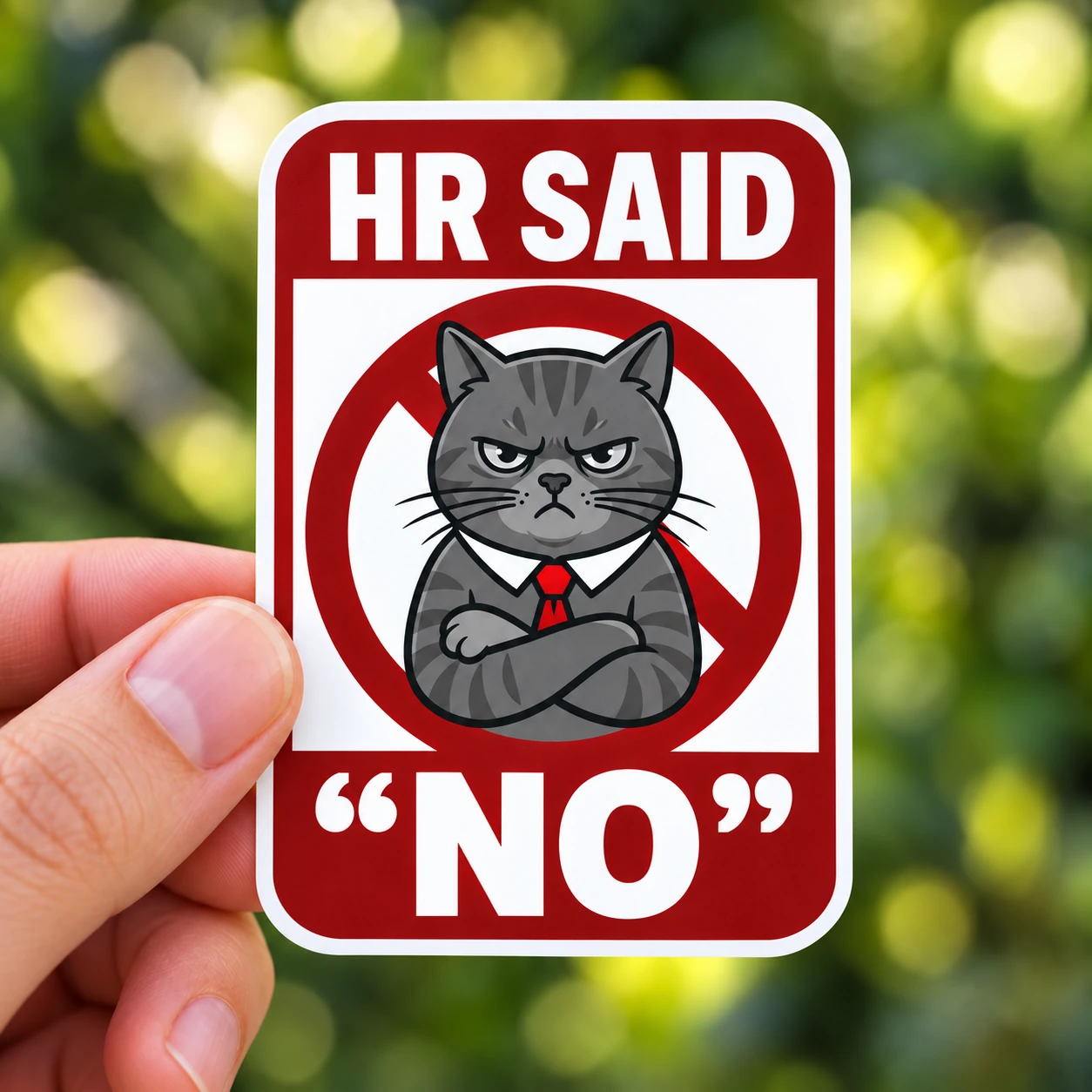 HR Said No Sticker, Red Sign design shown held in a hand