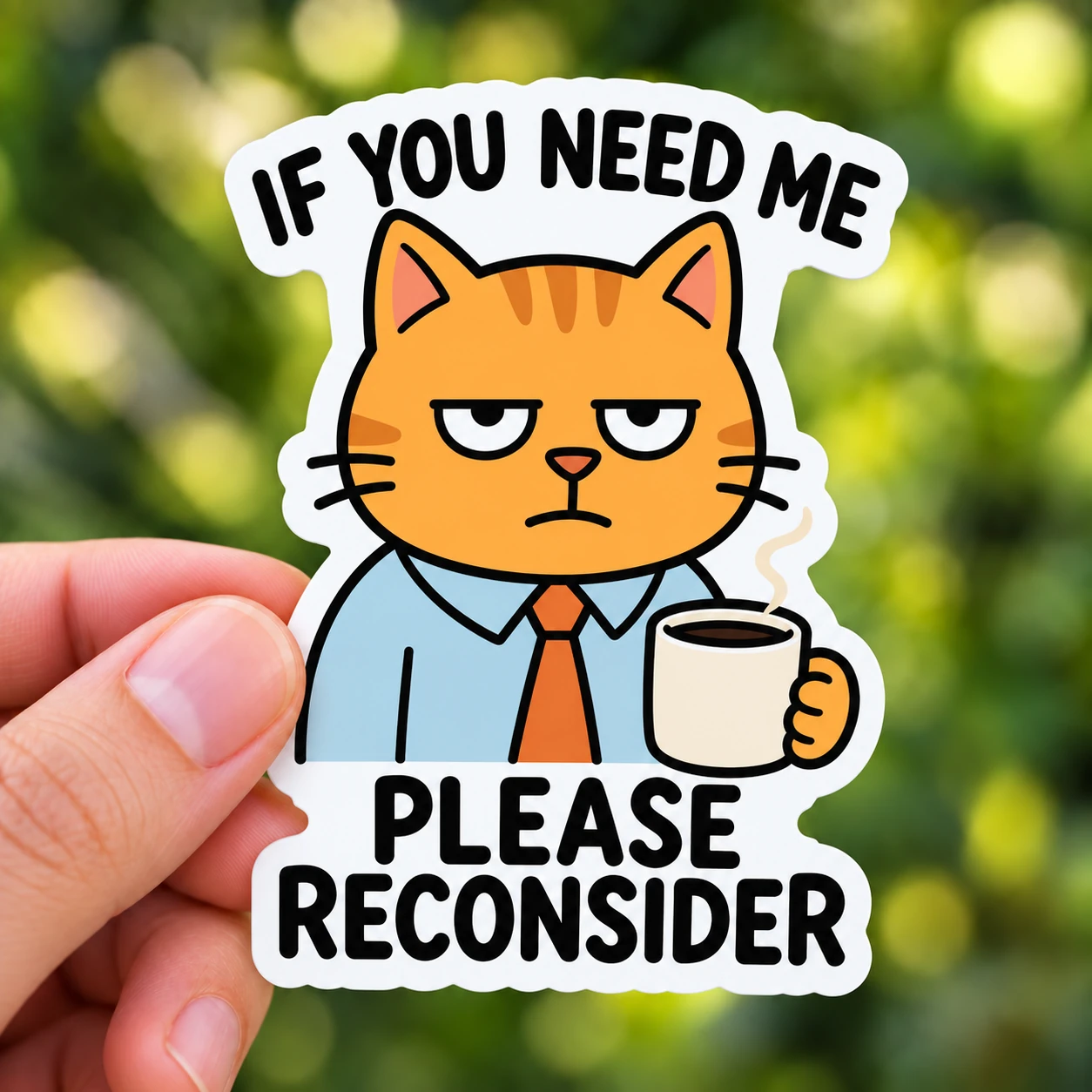 If You Need Me Please Reconsider Sticker, Orange Coffee design shown held in a hand