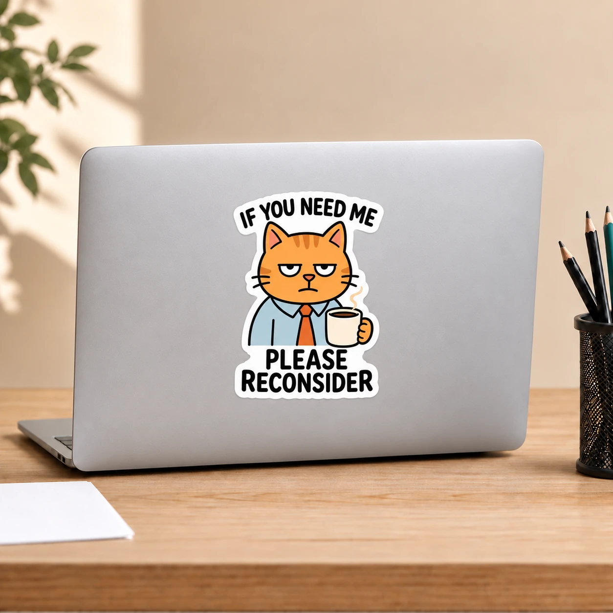 If You Need Me Please Reconsider Sticker, Orange Coffee design shown on a laptop lid
