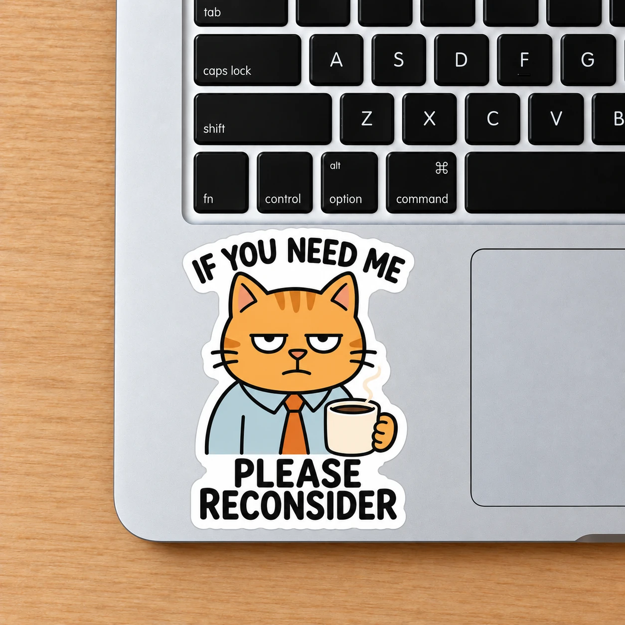 If You Need Me Please Reconsider Sticker, Orange Coffee design shown on a laptop palm rest